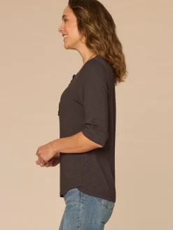 Elbow Roll Cuff Sleeve Scoop Neck Half Crochet Placket Knit Top
