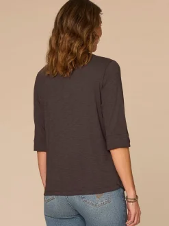 Elbow Roll Cuff Sleeve Scoop Neck Half Crochet Placket Knit Top