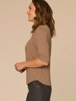 Elbow Roll Cuff Sleeve Scoop Neck Half Crochet Placket Knit Top