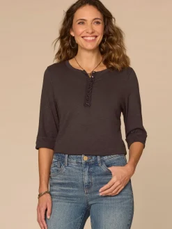Elbow Roll Cuff Sleeve Scoop Neck Half Crochet Placket Knit Top