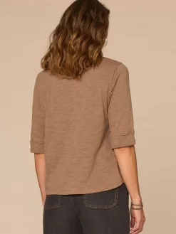 Elbow Roll Cuff Sleeve Scoop Neck Half Crochet Placket Knit Top