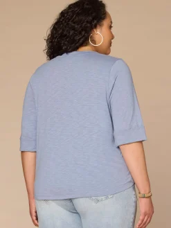 Elbow Roll Cuff Sleeve Scoop Neck Crochet Placket Plus Size Knit Top