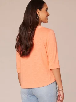 Elbow Roll Cuff Sleeve Split V Neck Surplus Hem Knit Top