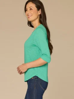 Elbow Roll Cuff Sleeve Split V Neck Surplus Hem Knit Top
