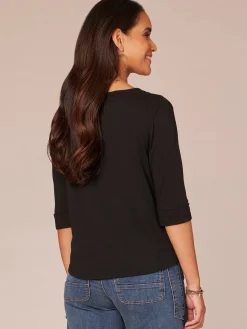 Elbow Roll Cuff Sleeve Split V Neck Surplus Hem Knit Top
