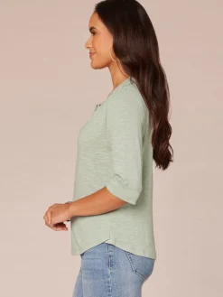 Elbow Roll Cuff Sleeve Split V Neck Surplus Hem Knit Top