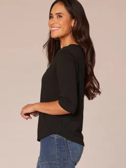 Elbow Roll Cuff Sleeve Split V Neck Surplus Hem Knit Top