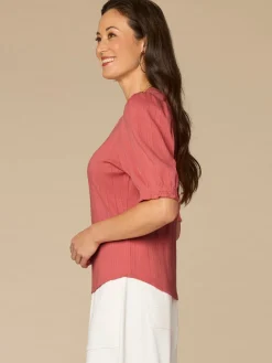 Elbow Sleeve Mandarin Collar Half Placket Embroidered Petite Knit Top