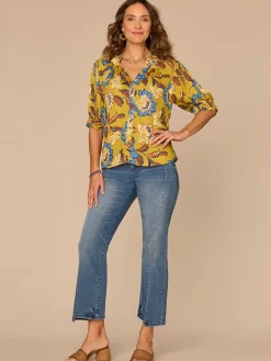 Elbow Sleeve Ruffle Split Neck Button Down Abstract Print Woven Top