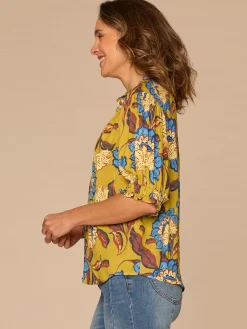 Elbow Sleeve Ruffle Split Neck Button Down Abstract Print Woven Top