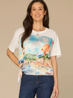 Elbow Sleeve Scoop Neck Side Tie Placement Print Mixed Media Knit Top