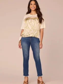 Elbow Sleeve Scoop Neck Side Tie Placement Print Mixed Media Knit Top