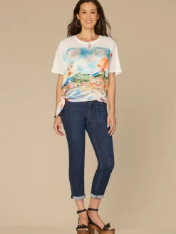 Elbow Sleeve Scoop Neck Side Tie Placement Print Mixed Media Knit Top