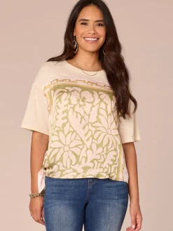 Elbow Sleeve Scoop Neck Side Tie Placement Print Mixed Media Knit Top