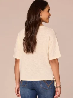 Elbow Sleeve Scoop Neck Side Tie Placement Print Mixed Media Knit Top