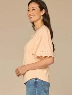 Embroidered Elbow Puff Sleeve Scoop Neck Mixed Media Knit Top