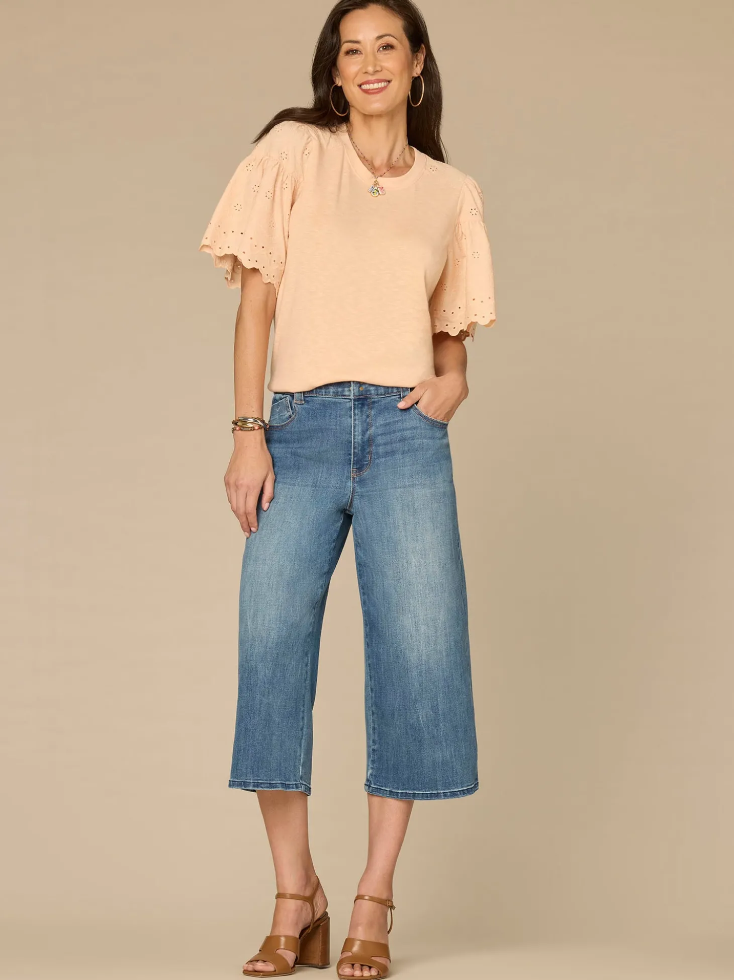 Embroidered Elbow Puff Sleeve Scoop Neck Mixed Media Knit Top