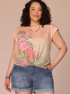 Extended Cap Sleeve Scoop Neck Knot Hem Printed Plus Size Knit Top