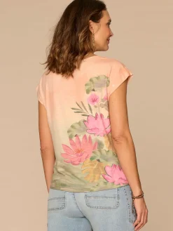 Extended Cap Sleeve Scoop Neck Knot Hem Floral Print Knit Top