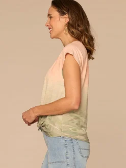 Extended Cap Sleeve Scoop Neck Knot Hem Floral Print Knit Top