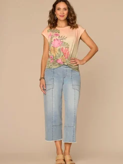 Extended Cap Sleeve Scoop Neck Knot Hem Floral Print Knit Top