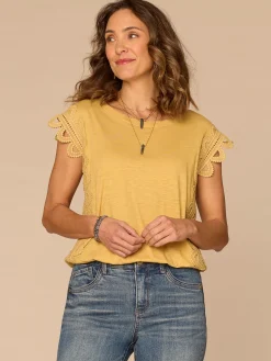Extended Cap Sleeve Scoop Neck Scallop Trim Bubble Hem Knit Top
