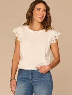 Extended Cap Sleeve Scoop Neck Scallop Trim Bubble Hem Knit Top