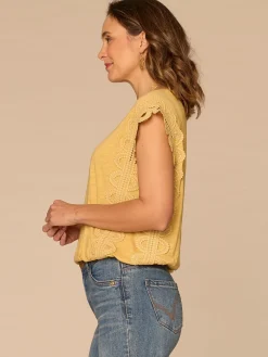 Extended Cap Sleeve Scoop Neck Scallop Trim Bubble Hem Petite Knit Top