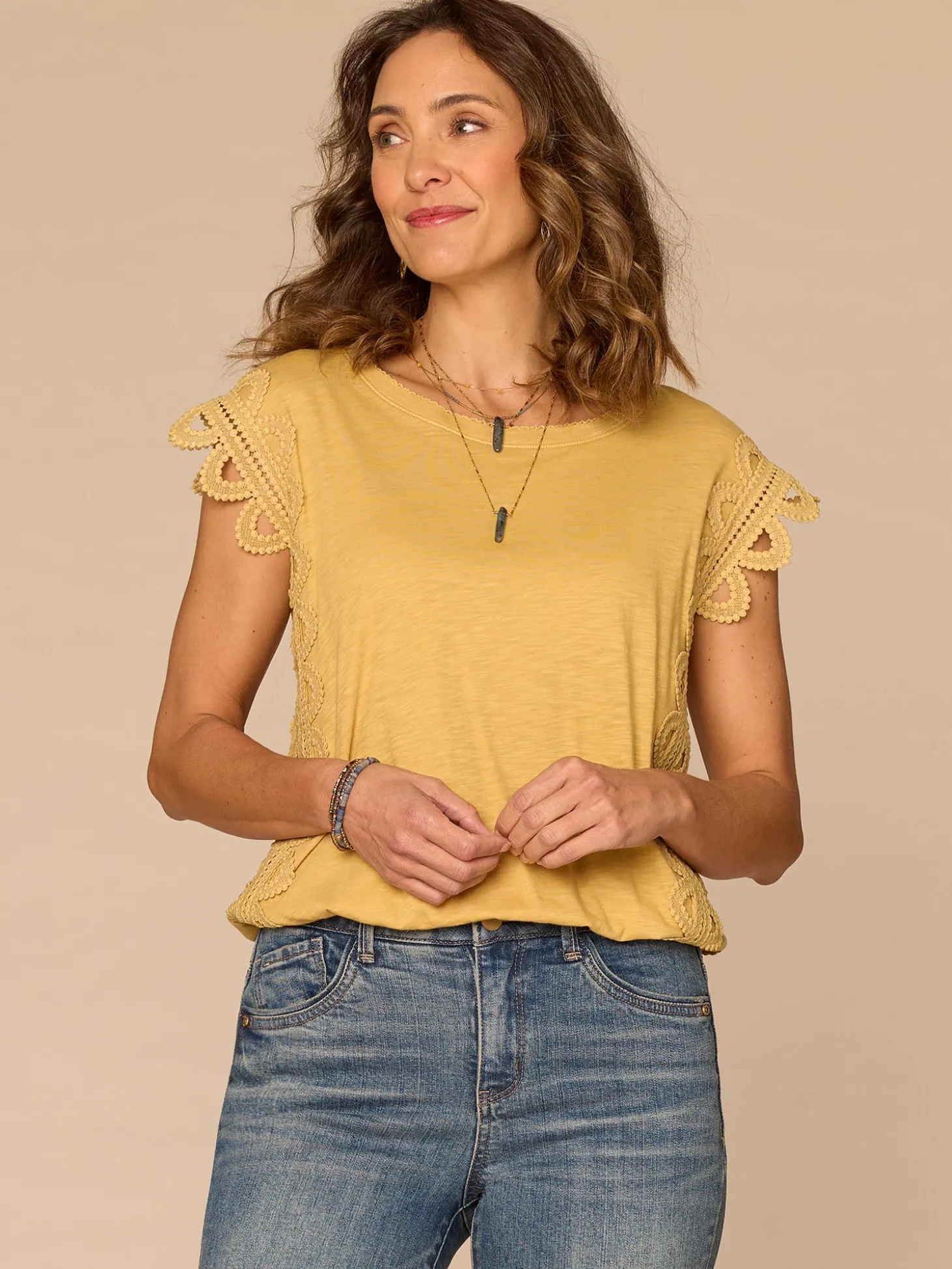 Extended Cap Sleeve Scoop Neck Scallop Trim Bubble Hem Petite Knit Top