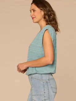 Extended Origami Cap Sleeve Scoop Neck Metallic Stripe Knit Top