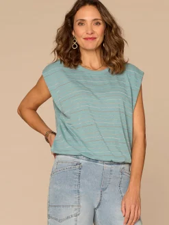 Extended Origami Cap Sleeve Scoop Neck Metallic Stripe Knit Top