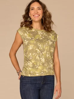 Extended Origami Cap Sleeve Scoop Neck Ruched Side Abstract Print Knit