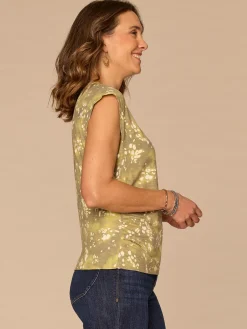 Extended Origami Cap Sleeve Scoop Neck Ruched Side Abstract Print Knit