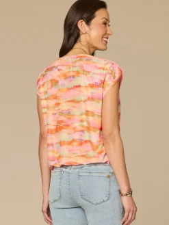 Extended Shoulder Boat Neck Bubble Hem Printed Knit Top
