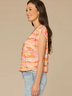 Extended Shoulder Boat Neck Bubble Hem Printed Knit Top