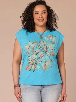 Extended Sleeve Scoop Neck Side Ruched Screen Print Plus Size Knit Top