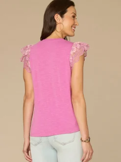 Flutter Cap Sleeve Scallop Sweetheart Neck Mixed Media Petite Knit Top