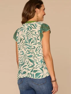 Flutter Cap Sleeve Split V-Neck Pintuck Front Printed Petite Woven Top
