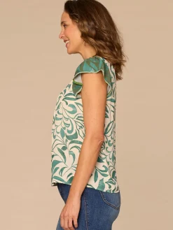 Flutter Cap Sleeve Split V-Neck Pintuck Front Printed Woven Top