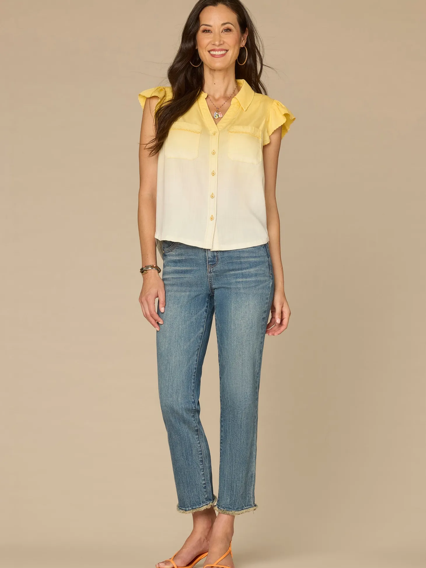 Flutter Sleeve Button Down Scallop Edge Ombre Petite Woven Shirt