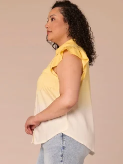 Flutter Sleeve Collar Button Down Scallop Ombre Plus Size Woven Shirt