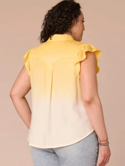 Flutter Sleeve Collar Button Down Scallop Ombre Plus Size Woven Shirt