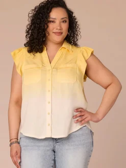 Flutter Sleeve Collar Button Down Scallop Ombre Plus Size Woven Shirt