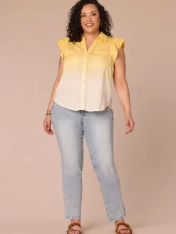 Flutter Sleeve Collar Button Down Scallop Ombre Plus Size Woven Shirt