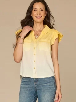 Flutter Sleeve Collared Button Down Scallop Edge Ombre Woven Shirt