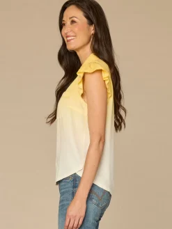 Flutter Sleeve Collared Button Down Scallop Edge Ombre Woven Shirt