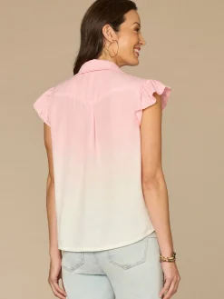 Flutter Sleeve Collared Button Down Scallop Edge Ombre Woven Shirt