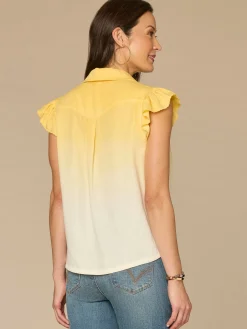 Flutter Sleeve Collared Button Down Scallop Edge Ombre Woven Shirt