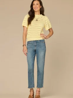 Flutter Sleeve Round Neck Crochet Yoke Scallop Edge Petite Sweater