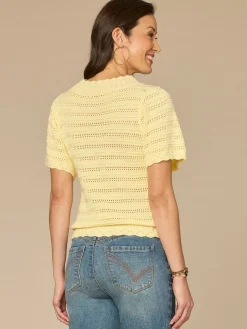 Flutter Sleeve Round Neck Crochet Yoke Scallop Edge Petite Sweater